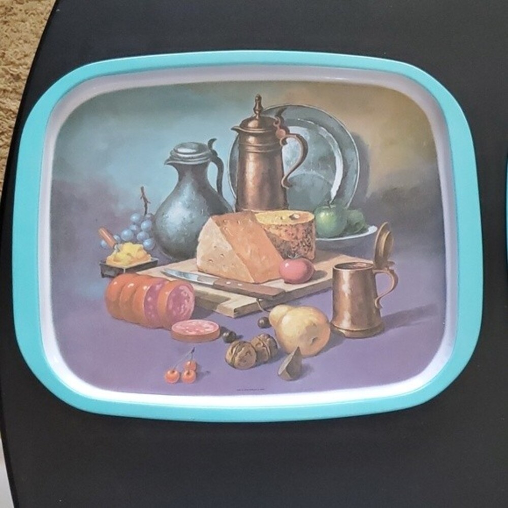 1970s Vintage Metal Trays – Still Life Fruit & Bread – Set of 2